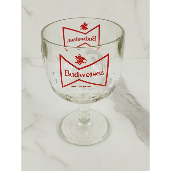 Budweiser Thumbprint Beer Goblet Glass 16oz Chalice Cup Red Logo 6" Vintage - Picture 1 of 14